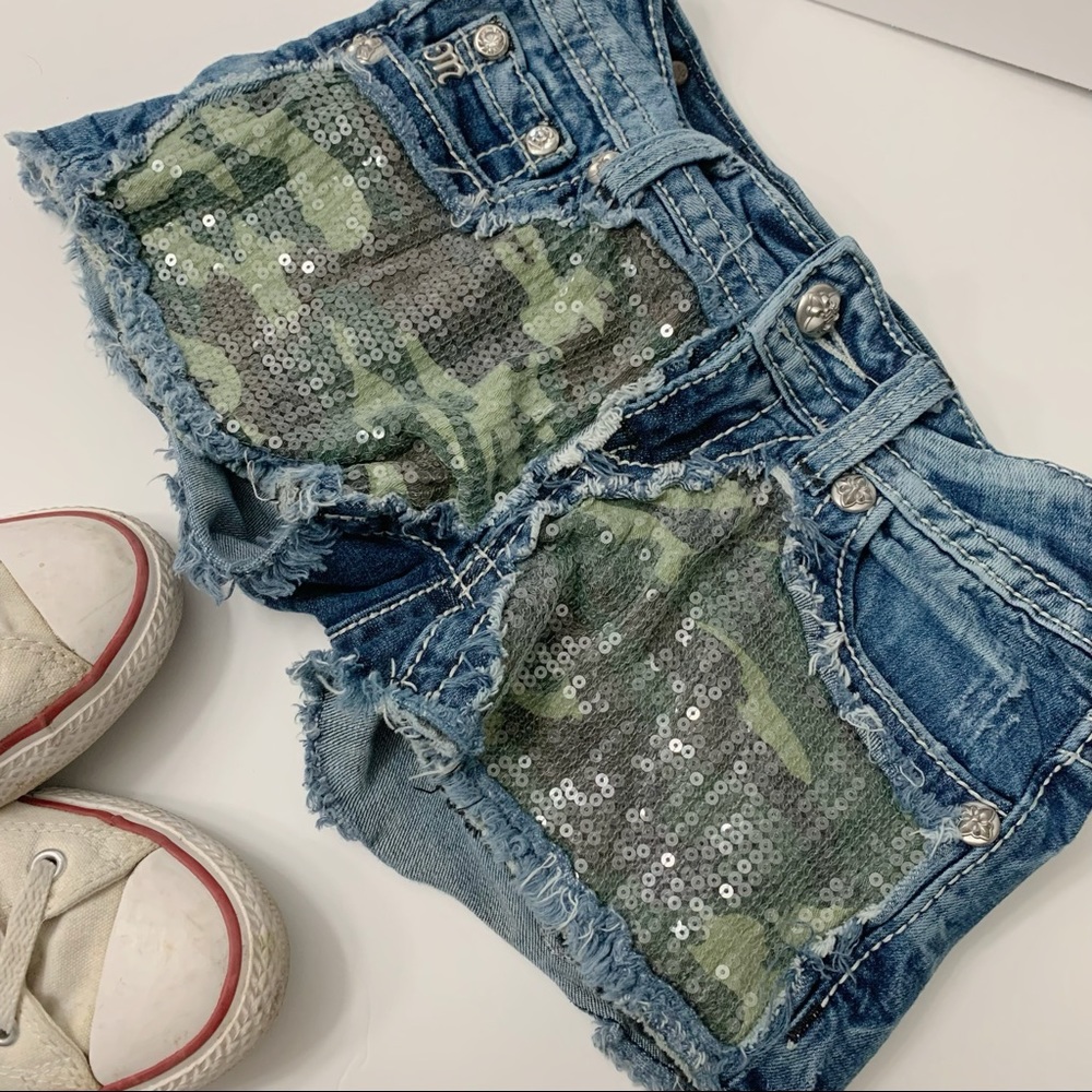 Miss Me Camouflage Sequin Jean Shorts